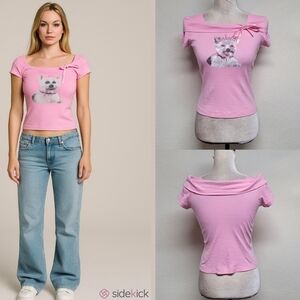 L.A. Movers Pink Rhinestone Yorkie Cowl Shoulder Cap Sleeve Cropped Babydoll Tee